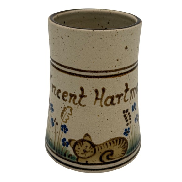 Unbranded Other - Artisan Personalized Vincent Hartmann Stoneware Mug Cat & Blue Wildflowers 5.25"